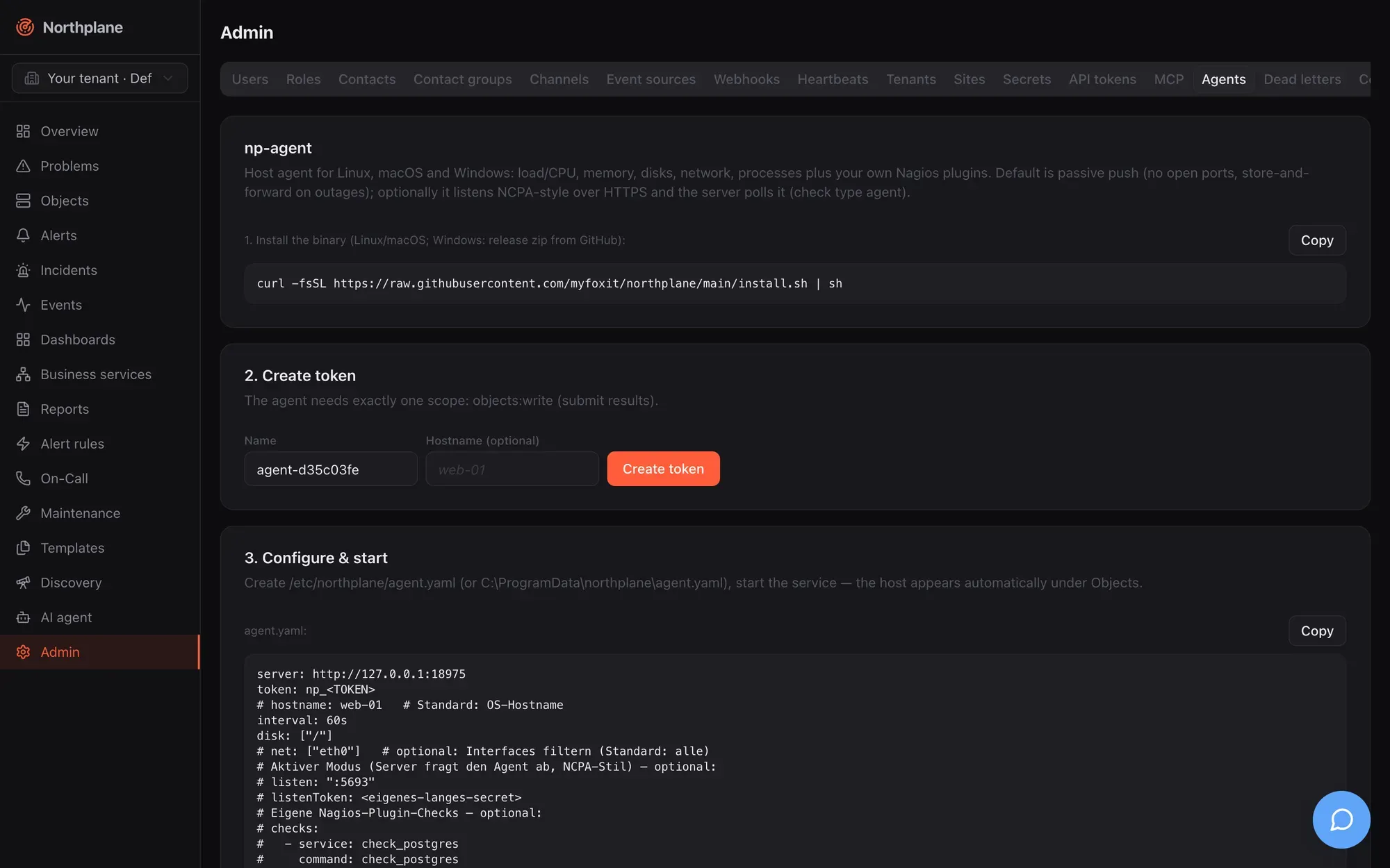 Admin → Agents: install snippet, token minting and generated agent.yaml
