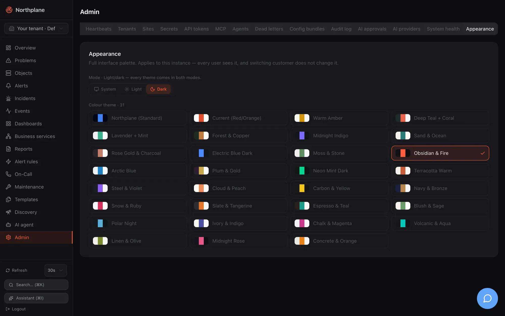 Admin → Appearance: instance-wide theme and mode