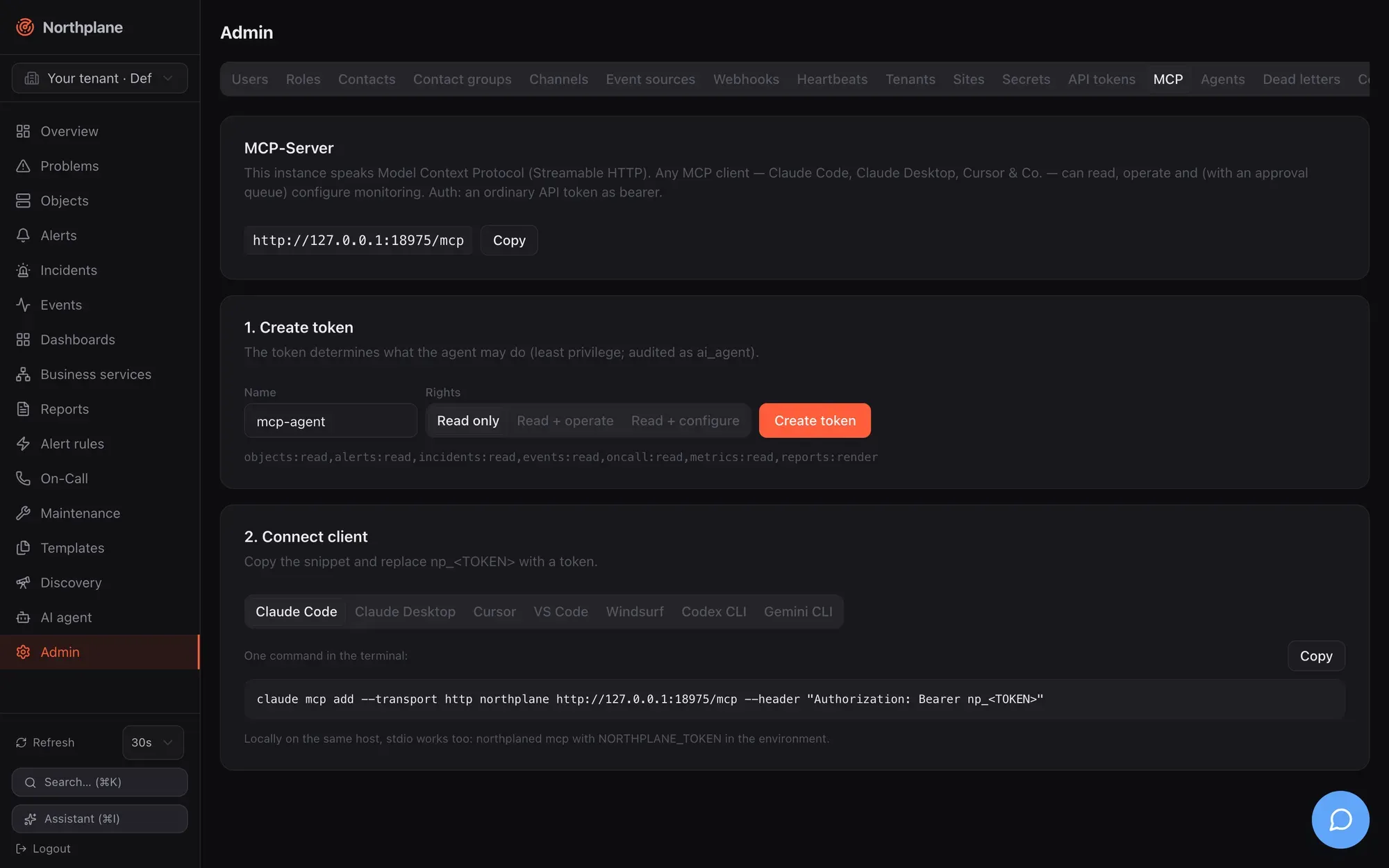 Admin → MCP: token presets and client snippets