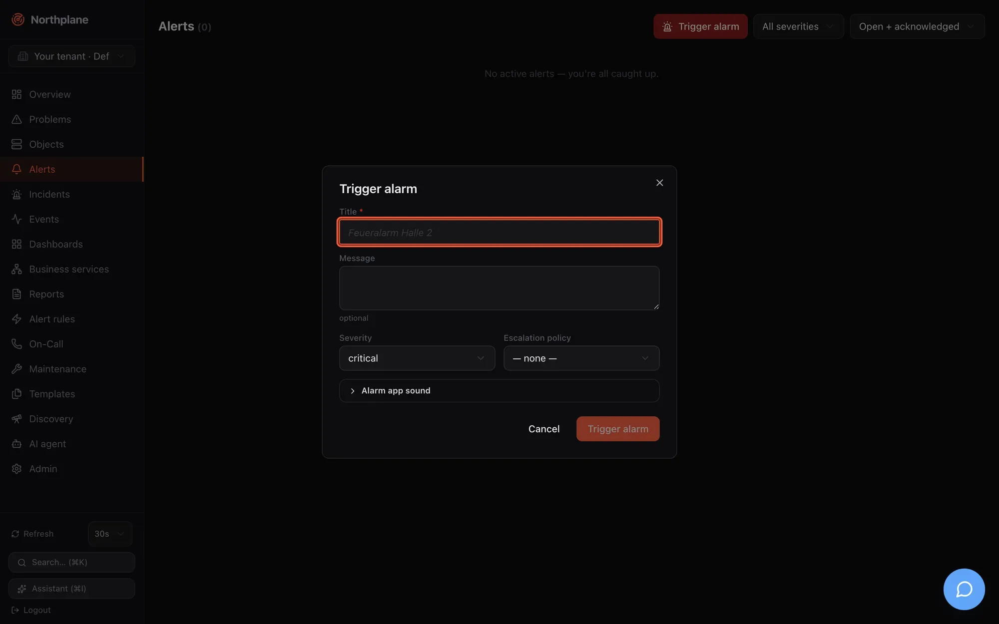 The Trigger alarm dialog