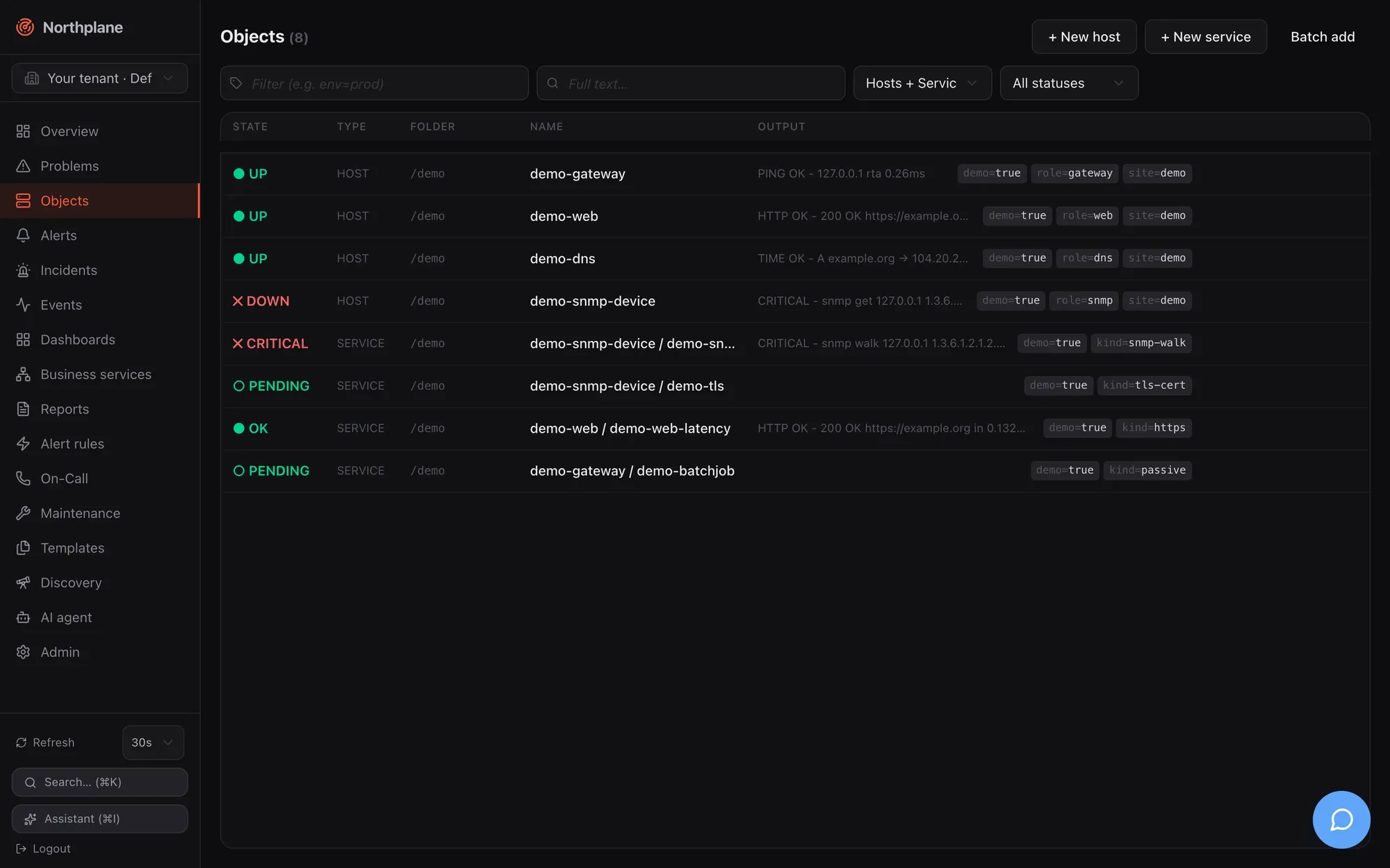 Objects list with filters and the virtualised table